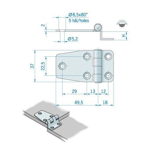 Scharnier gekröpft Edelstahl 68x38x20 / 5L