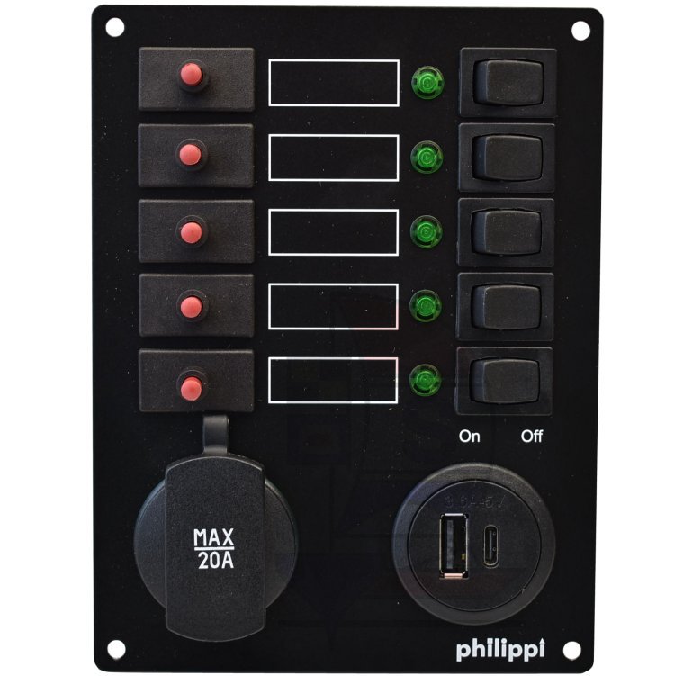 Philippi Schaltpaneel STV 105 5-fach+Dose+USB-Doppel-Ladesteckdose
