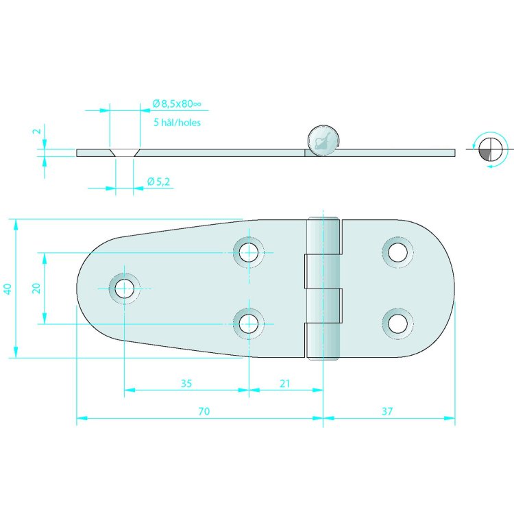 Roca Scharnier Edelstahl 107x40 / 5L